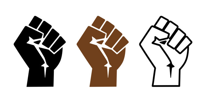 Set of three diverse raised fist icons in black brown and outline styles