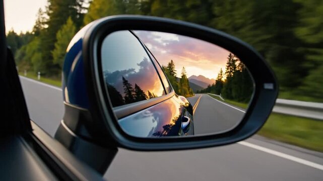 A car's side mirror reflecting a scenic road at sunset.