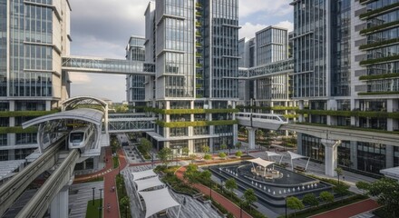 Fototapeta premium Futuristic Cityscape With Skybridges And Elevated Train System