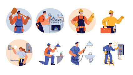 Fototapeta premium Diverse Home Repair & Maintenance Services. Skilled Tradesmen Illustrations: Electricians, Plumbers, Handymen, Technicians.