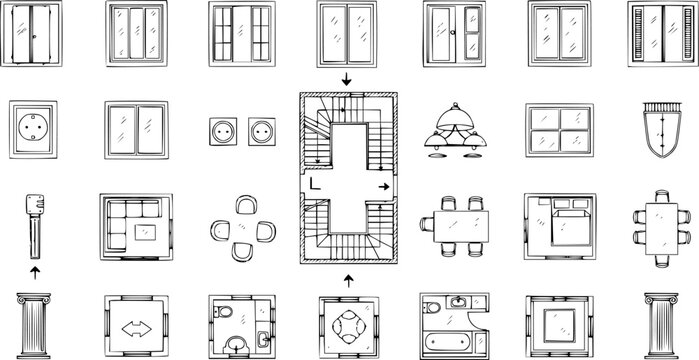 Hand-drawn architectural symbols and elements for floor plans, including doors, windows, furniture, stairs, and electrical outlets, perfect for house design projects.