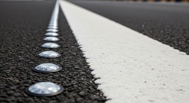 Gleaming Reflective Road Studs Guide Direction Along a Pristine White Line
