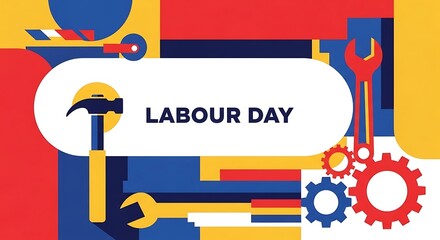 Fototapeta premium Vibrant labour day graphic with tools and gears on colorful background