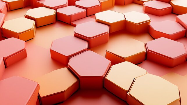 Vibrant orange and red 3D hexagons arranged in a visually appealing pattern on a matching background