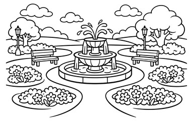 Obraz premium Charming park scene with a central fountain, benches, and flower beds