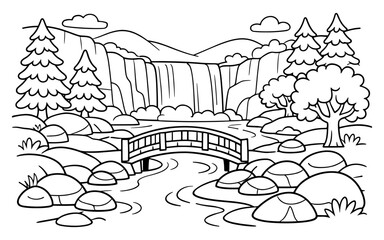 Fototapeta premium Charming cartoon bridge crosses a river leading to a majestic waterfall and lush forest