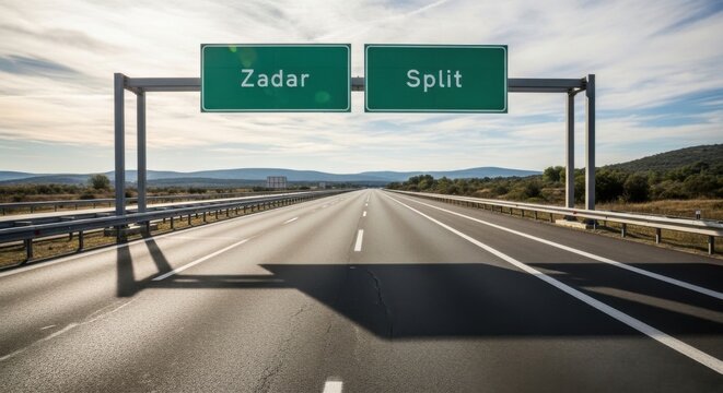 Highway Sign To Zadar And Split Under A Clear Sky