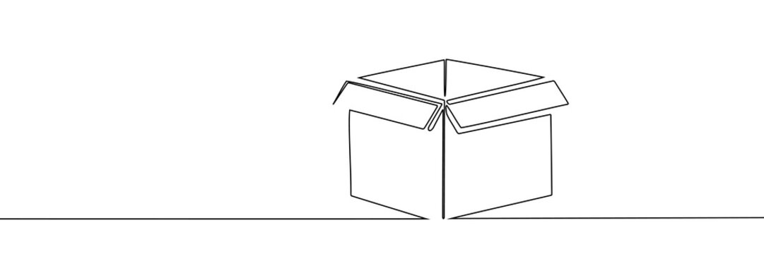 Continuous one line box package icon delivery gift storage cardboard. Doodle one line container outline box package carton illustration warehouse cargo single parcel open post pack creative sketch.