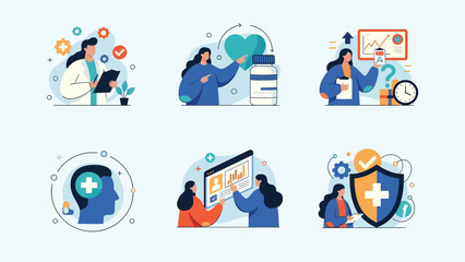 Fototapeta premium Health & Medical Care Concepts: Doctor, Wellness, Insurance, Mental Health Flat Design Vector Illustrations