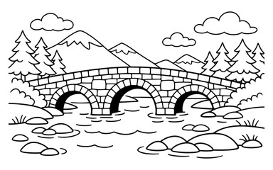 Obraz premium Charming stone arch bridge crosses a flowing river amidst scenic mountains and pine trees