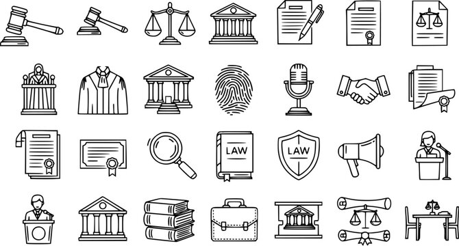 Legal Line Art Icons Set. Black and White Outline Symbols of Justice, Court, and Law Concepts, featuring gavels, scales, documents, and courthouse buildings.