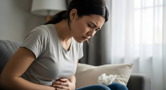 A woman sits on the sofa clutching her stomach in obvious pain or discomfort inside the house.