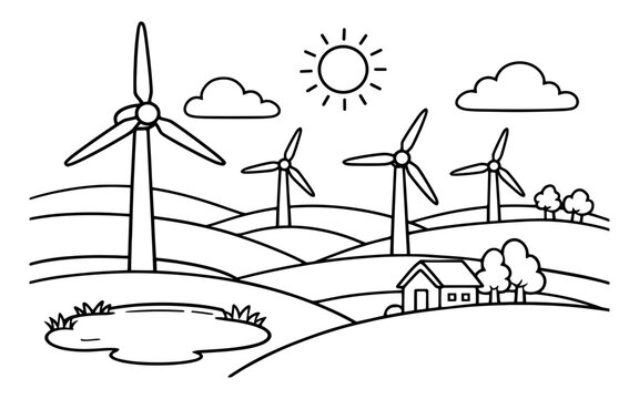 Stylized drawing of wind turbines on rolling hills under a sunny sky with clouds