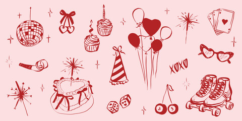 Birthday celebration doodle set with party hats, gifts and champagne. Hand sketched festive icons perfect for greeting cards, vintage invitations and fun event designs. Line art whimsical symbols