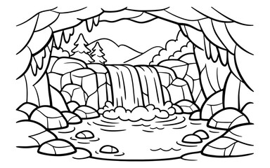 Obraz premium Cartoon cave entrance overlooking a cascading waterfall and serene mountain landscape