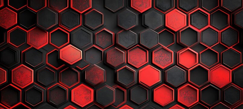 Modern abstract geometric pattern featuring red and black hexagons creating a futuristic and technological background