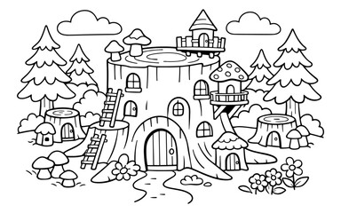 Fototapeta premium Whimsical forest scene with a large tree stump house and mushroom homes