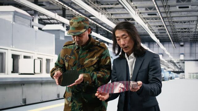 Microchip production, national security operation and soldier speaking with microelectronics factory senior manager. Chatting, semiconductor supply chain and army officer with Asian man, camera B
