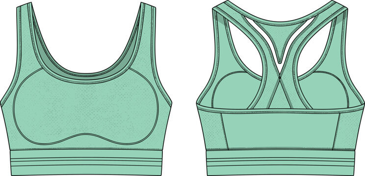 Web"Technical fashion illustration of sports bra front and back views, vector design showing scoop neckline, racerback straps, curved seam lines, elastic band, and activewear garment construction"