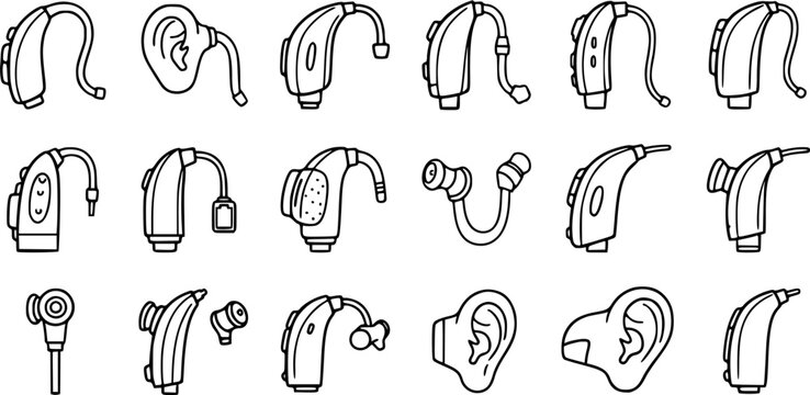 Medical Audiology Hearing Aids Devices Black and White Line Art Icon Set. Hand Drawn Doodle Illustrations for Hearing Impairment and Health.