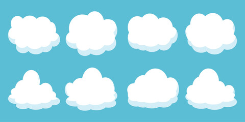 Fototapeta premium set of vector illustrations of clumpy clouds, cloud bubbles in flat style on a blue background 