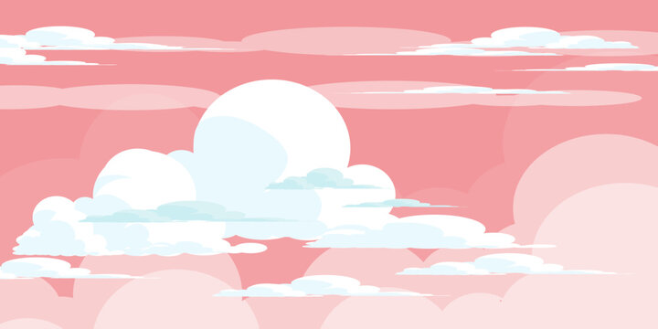 Cute pink sky illustration with cloud bubbles. Nature scenery theme