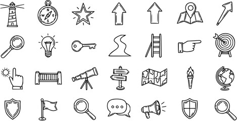Obraz premium Black and White Hand-drawn Line Art Icons Set for Business Strategy, Exploration, and Navigation - Doodle Symbols for Discovery, Goals, and Guidance