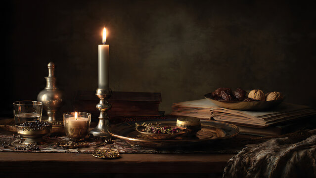 Single Candle Lit on Vintage Table with Passover Seder Plate and Traditional Items in Dark Moody Still Life Setting