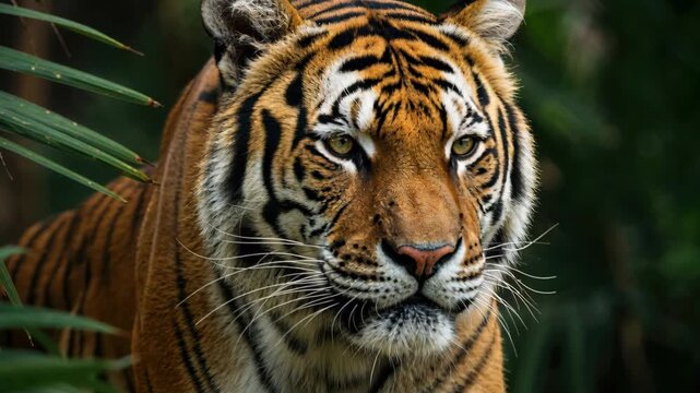 Magnificent Bengal Tiger: A majestic Bengal tiger gazes intently with captivating eyes, showcasing its striking orange and black stripes against a backdrop of lush green foliage.