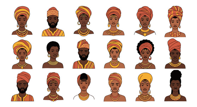 Illustration Set of Diverse African Women with Headwraps and Jewelry 