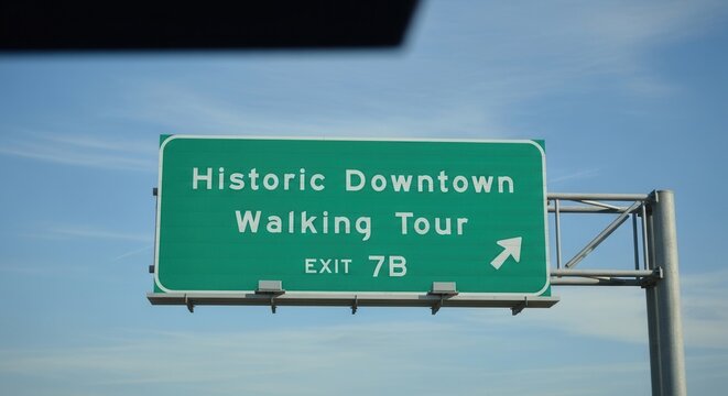 Historic Downtown Walking Tour Exit 7B Signage Guiding Visitors to Attractions