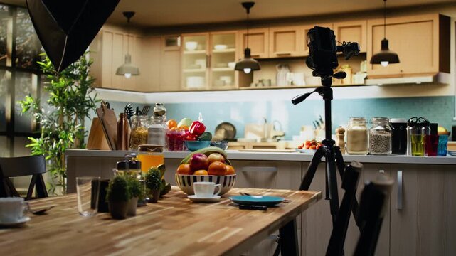 Empty home kitchen studio used for filming a food vlog with meal prep and ingredients at the counter, recording a recipe and health eating inspiration with camera and tripod. Cooking show.