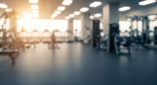 Blurred background of modern gym interior with fitness equipment and bright sunlight.