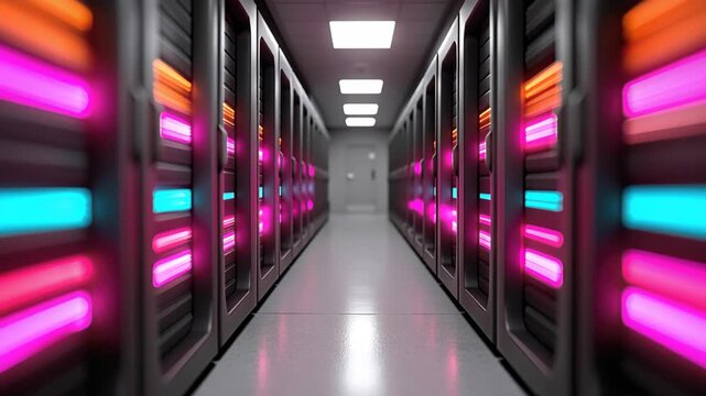 Data Center Corridor: A perspective shot showcasing the heart of a modern data center, rows of server cabinets bathed in colorful neon light.