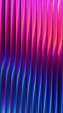 Abstract ribbed glass with flowing gradient blending intense pink cyan colors. Liquid vertical gradient flow and rotate across layered geometry for futuristic visual. Seamless loop. 4K vertical video