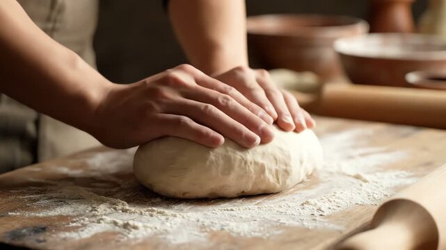 Hands kneading fresh dough on a wooden table, preparing homemade bread or pizza.