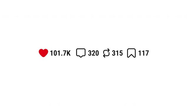 Social network post screen animation increasing likes comments reposts icons 4k footage engagement statistics counter