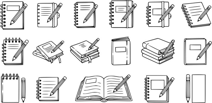 Collection of Black and White Hand-drawn Line Art Education and Stationery Icons with Notebooks, Pencils, and Books