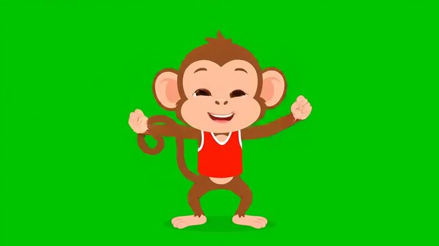 Joyful cartoon monkey character dancing happily with arms raised on a vibrant green screen, perfect for animation, educational content, or children's media projects
