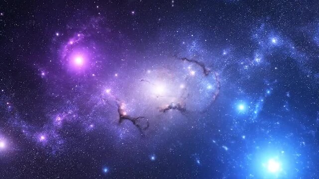 Vibrant nebula formations illuminate the distant galaxy with stars and celestial bodies.