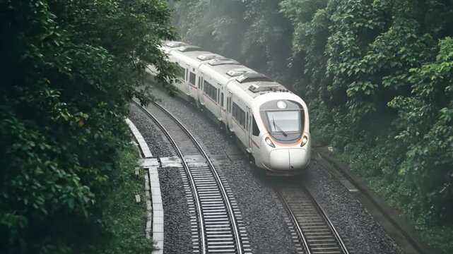 silver bullet train speeding through lush green forest on rainy day