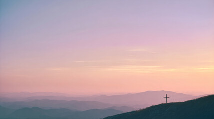 Fototapeta premium Light pastel dawn sky over rolling hills with subtle cross silhouette at distance, calm gradient colors, peaceful and uplifting easter morning mood, wide cinematic composition.