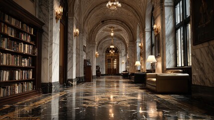 Fototapeta premium Elegant Reading Hall Features Marble Textures, High Ceilings, and Soft Ambient Light, Creating a Space for Quiet Reflection and Study