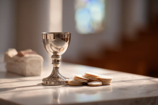Medium shot of empty church altar with chalice and communion wafers neatly arranged, soft natural daylight, warm and peaceful sacred atmosphere, shallow depth of field.