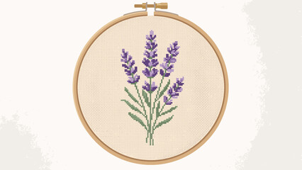 Lavender Cross Stitch Hoop Art - Handmade Floral Embroidery Design © aji
