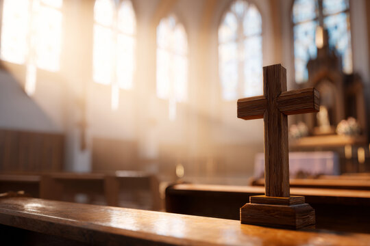 Elegant wooden cross on a bright altar with soft sunlight streaming through church windows, minimalistic sacred interior, clean and serene atmosphere suitable for cresima celebration, shallow depth of