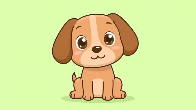 Cartoon puppy sitting and smiling. Cute, sweet, adorable canine illustration. Vector image in a clean, simple style with a light green backdrop.