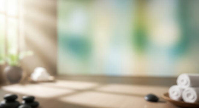 Blurred background of a serene spa or wellness room with natural light.