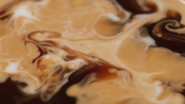 Cream swirling into dark coffee, creating beautiful abstract patterns, close-up macro shot.