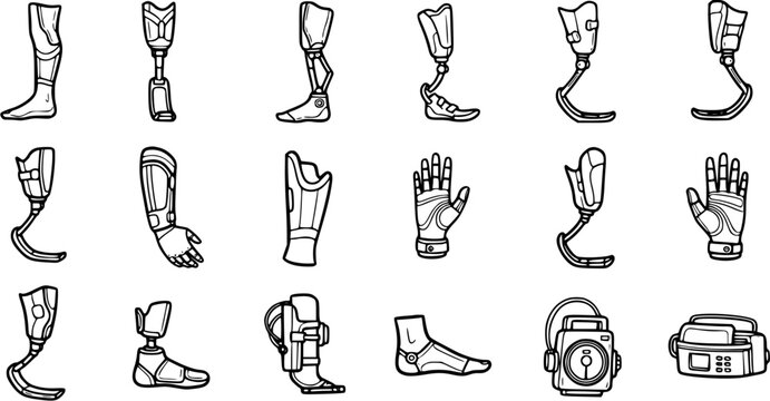 Black and White Line Art Vector Set of Prosthetic Limbs and Medical Devices